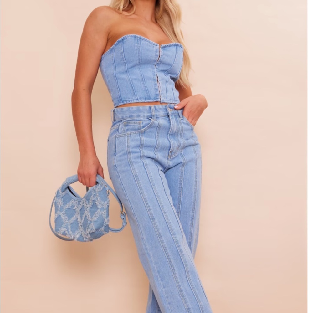 Light blue washed denim women’s crop corset